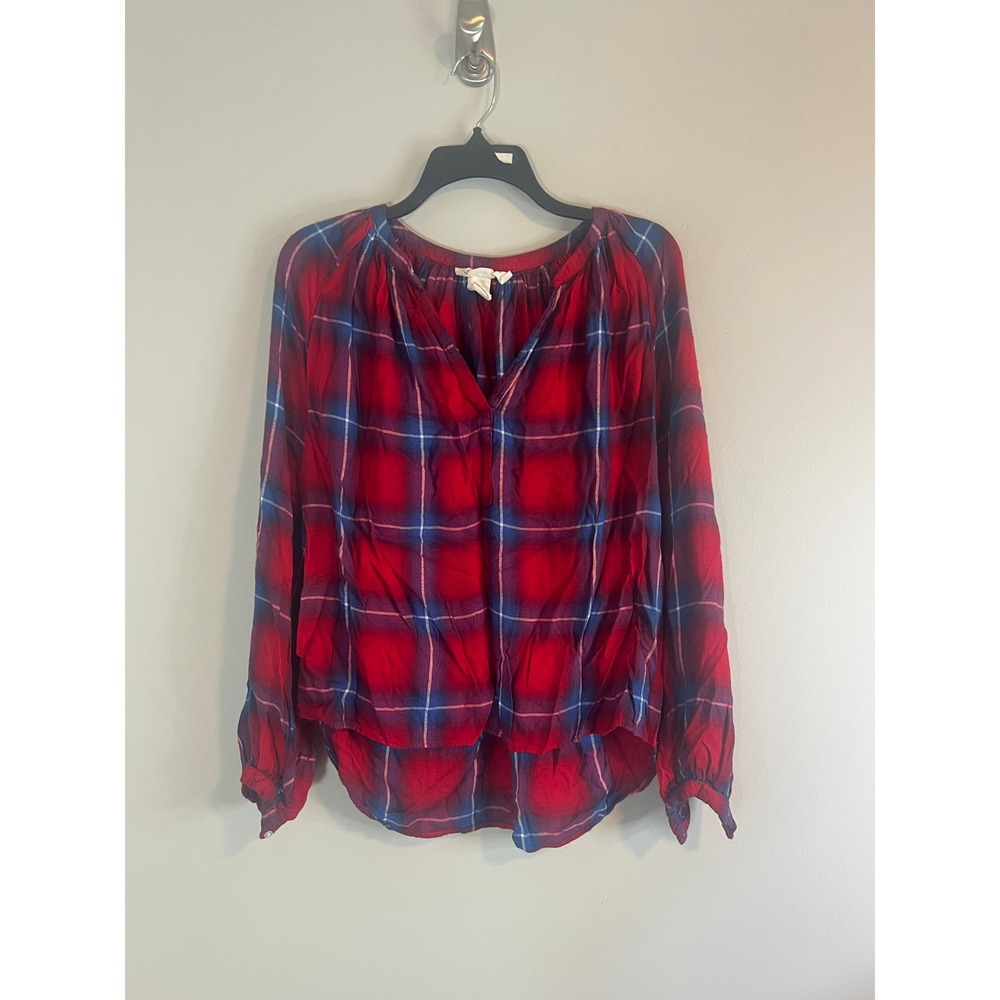 HM LOGG Red Blue Plaid V-Neck Long Sleeve Blouse Top Womens Size 6